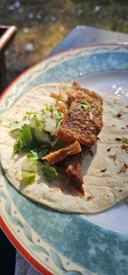 Chicharron taco sooo delicious. Will have them again and barbacoa taco soo delicious and tortillas freshly made.