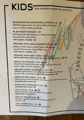 Kids menu