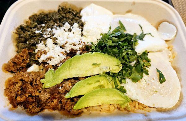 The Breakfast Bowl with 1/2 chorizo rojo and 1/2 chorizo verde!