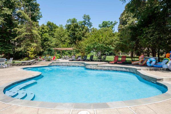 Pool is 3-5 feet depth. Lot more playing space for kids. Waterfall cascading over in-pool bench. Pool is 40-20 feet dimension.