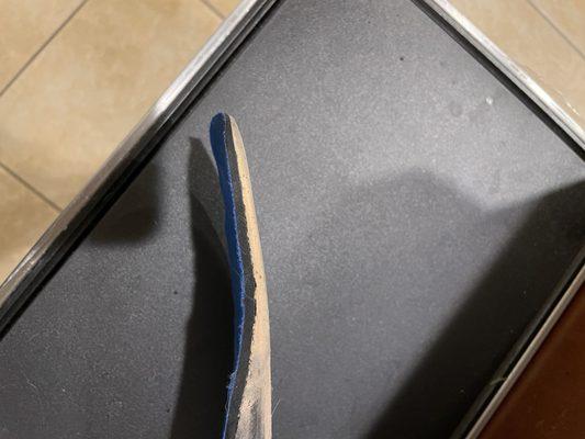 This is one of my orthotics where the toe section has been worn very thin after a short amount of time.
