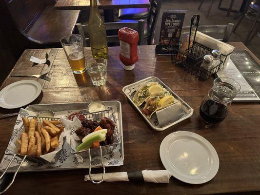Fish and Korean BBQ Tacos, and Korean BBQ wings with Fries