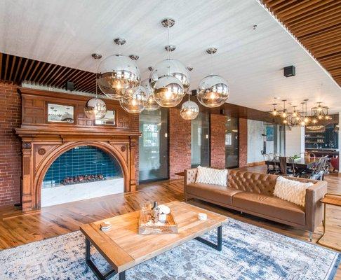 Fireplace in the Resident Lounge at Thorndike Exchange