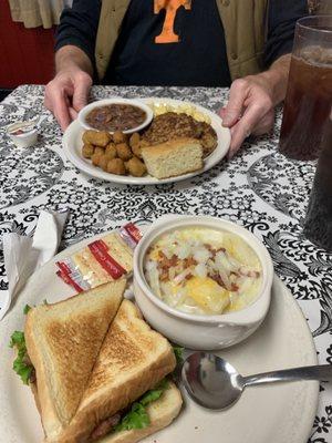 Special of the Day : Salmon Patties, brown beans, Mac n Cheese, Fried Okra and Cornbread. BLT, loaded potato soup.