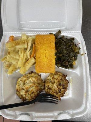 Cajun pasta, cornbread, collards and jumbo lump crab cakes.