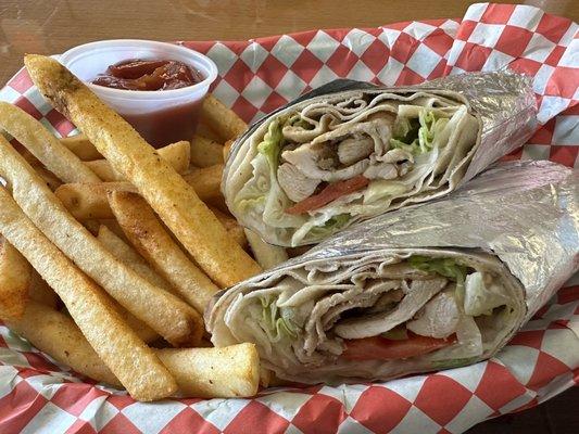Chicken shawarma pita sandwich with fries