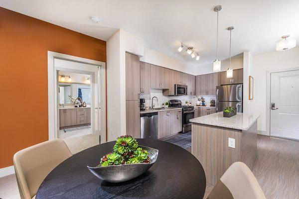 Quartz countertops, stainless steel appliances, and tile backsplash