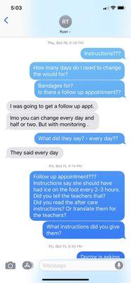 Text thread with ex - who made up his own medical protocol with an IMO text - - about how often to clean the wound.