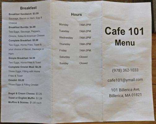 Breakfast menu and hours from 6-14-22.