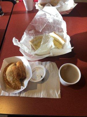 Cuban toast with butter, Beef Empanada, (2) Ham Croquettes & a Cafe Con Leche.