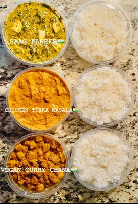 Saag paneer and basmati rice
Chicken tikka masala and basmati rice
Chana masala and basmati rice