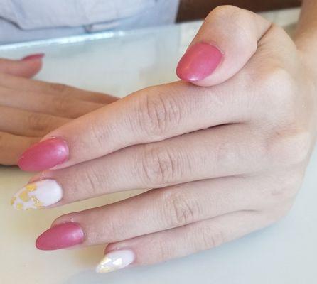 Full set of acrylic with gel polish and gold flake embellishments....