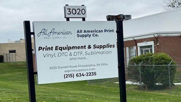 Front entrance sign for All American Print Supply Co.'s Philadelphia, Pennsylvania branch.