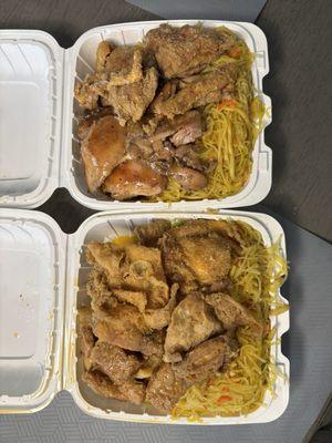 Crunchy and moist Fried chicken, pancit, pork adobo, and Teri chicken. Yummy!