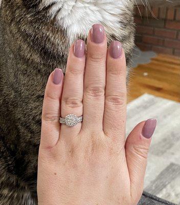 Final nails - gel - hazelnut velvet I think it's called. And don't mind my cat!