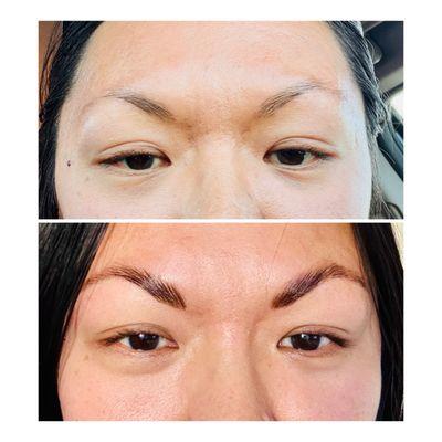 Brow lamination, tint, & wax on short sparse brows.