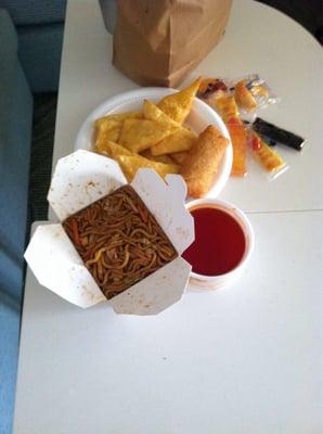 Chicken Low Mein, Crab Rangoon, Shrimp Egg Roll