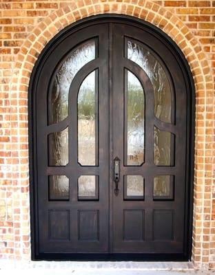 Wrought Iron Door Unit, Seedy Baroque Glass, Bronze Finish, Baldwin Hardware