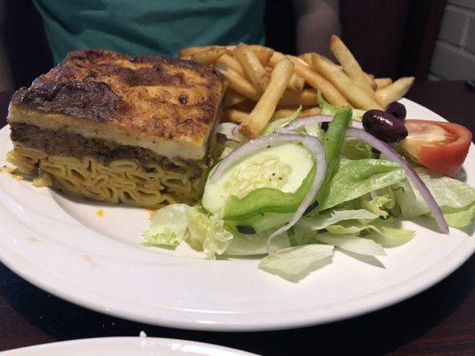 Pastitsio with fries and a side salad