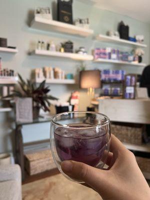 Complementary lavender iced tea today pre-facial