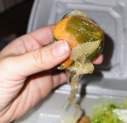 Not sure why they decided to wrap dripping wet veggies in saran wrap instead of ziploc bags or sauce size cups, but there were 2 sets