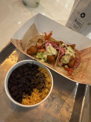 Fish tacos rice and beans
