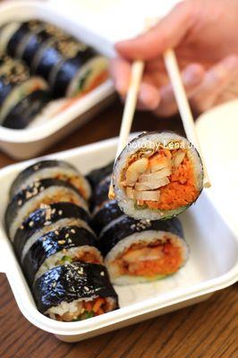 Kimbap Buldak Fiery Chicken Extra Spicy ($7) - kimbap with chicken, carrots, and lettuce. Sauce is a bit sweet and pretty spicy.