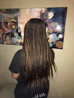 Small box braids - length long (colors are a 1B/30 blend & 30. This is 11 bags of Bobbi Boss synthetic braiding hair)