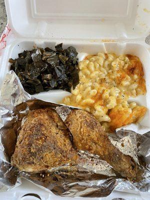 1/4 Dark Baked Fried Lunch-chicken, mac & cheese, collards