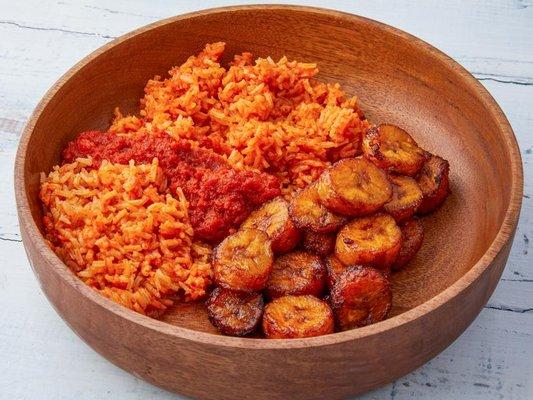 Jollof rice, stew and plantains.