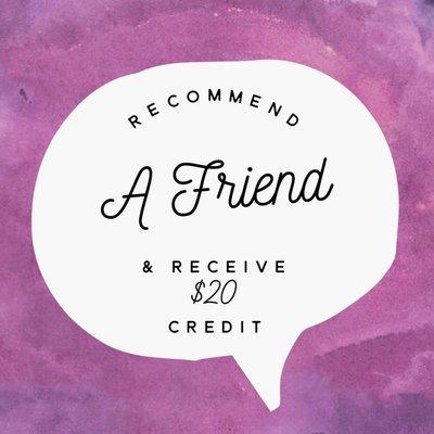 Refer a friend to Kelli Prentice Lashes & recieve a $20 credit towards your next service!