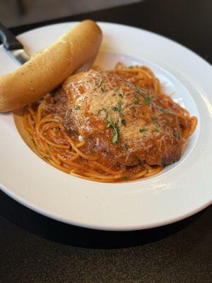 Chicken Parmigiana - wonderful noodles and homemade sauce with a perfectly cooked breaded chicken cutlet.