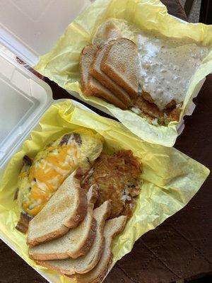 Bacon omelette and chicken fried steak. HUGE portions!