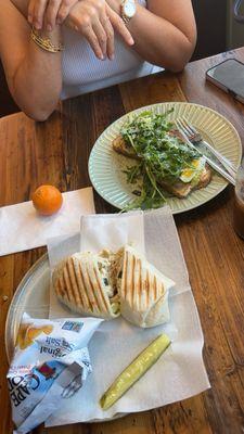 Avocado toast w boiled egg Chicken salad wrap