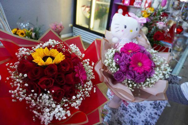 Red roses bouquet and purple roses with pink Gerber and Hello kitty plush