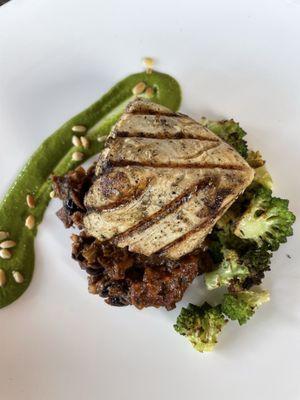 Albacore tuna grilled on top of eggplant caponata, roasted romanesco,  and basil aioli. I'm still crying-it was THAT amazing!