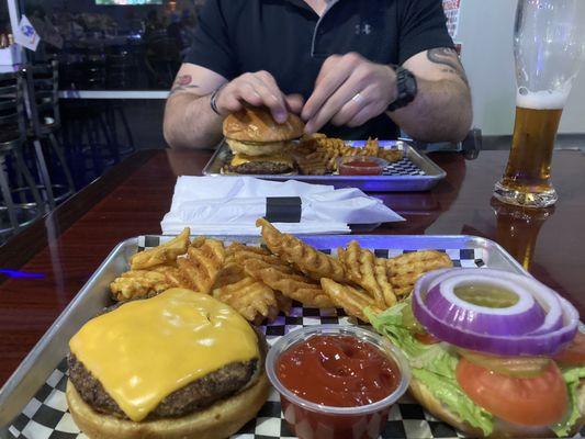 Cheese burger and waffle fries