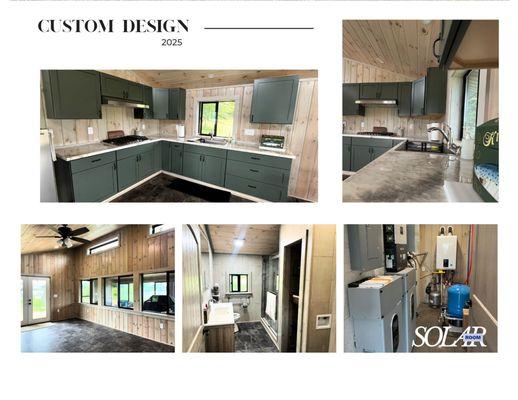 Our custom cabin includes custom interior design as well. This cabin sports a full solar, off-grid, set up.