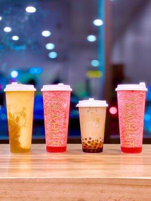 left to right: very citrus, strawberry energy, black sugar boba, strawberry energy (01/2023)