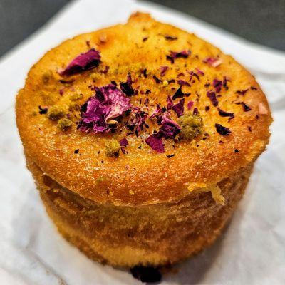 Rose & Pistachio Cake - saffron-soaked milk, edible rose petals, spices. Yum yum!