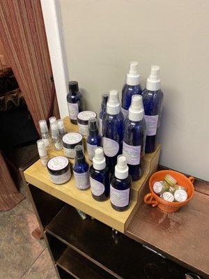 Massage oil, lip balm, hair spritz, perfume, body scrub