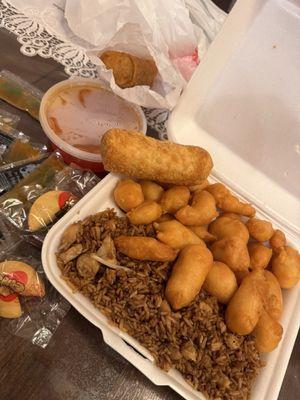 CO2 Sweet and Sour Chicken, Chicken Fried Rice, Egg Roll, tub of House Sweet Sour Sauce