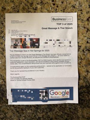 that Great Massage & Thai Stretch has been officially recognized as a TOP 3 of 2025 Hot Springs Award Winner in the Massage Spa category!