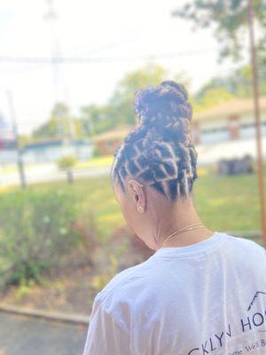 Freestyle braided loc bun (mid back length Locs)