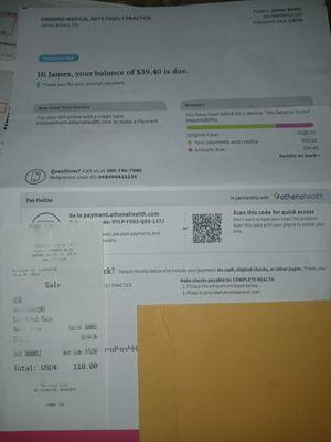 This photo shows the receipt where I had paid a $110 up front. And then the bill I receive 30 days later, with no explanation of why they're