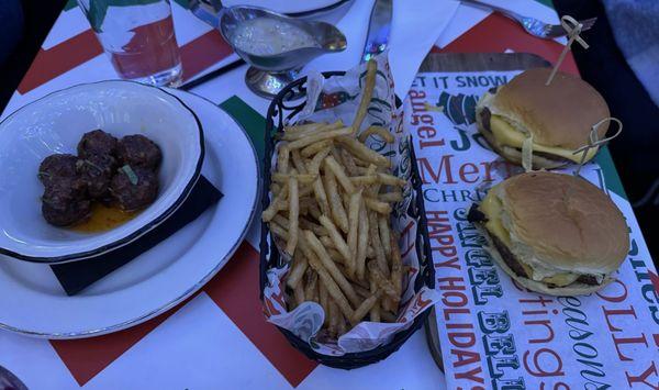 Meatballs, Fries and Beef Sliders.