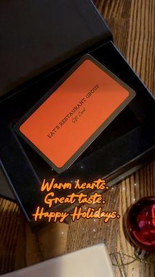 Eat's Sushi Gift Cards are perfect for family, friends, and co-workers. Available now - make their holidays delicious!