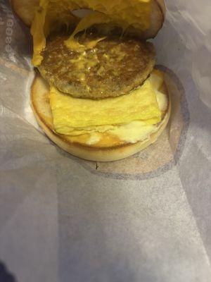 "Steak Egg Cheese Bagel". More like sad sausage bagel with no onion.
