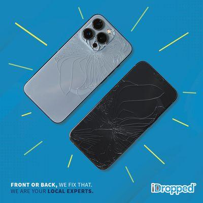 Cracked front glass and smashed back glass? We are your local cell phone repair experts.