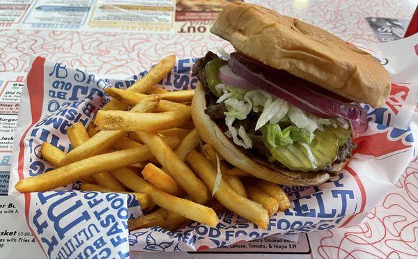 Old Fashioned Burger and fries